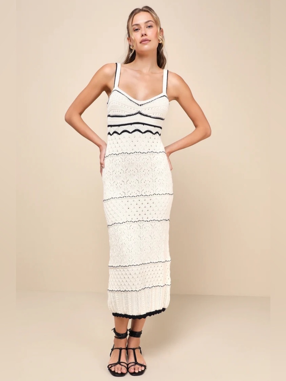 Lulus Unique Persona Ivory Multi-textured Knit Sleeveless Midi Dress Beach